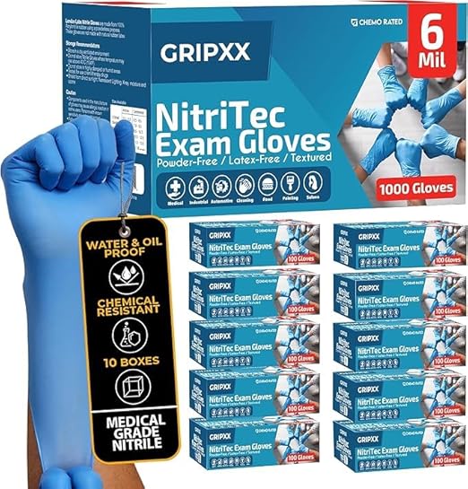 Heavy Duty 6 Mil Blue Nitrile Gloves Disposable Latex & Powder Free -Extra Stretchy Fentanyl Safe |Medical,First Aid Kit,EMT|Food Safe Rubber Gloves for Cooking & Cleaning|Bulk Pack (1000)