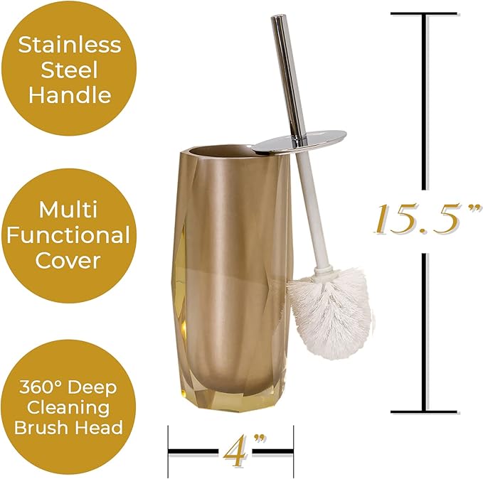 Faceted Toilet Brush, Durable Resin, Discreet Design, Stainless Steel Handle, for Stylish Bathroom Decor, Bronze, 4x16, Sold Individually