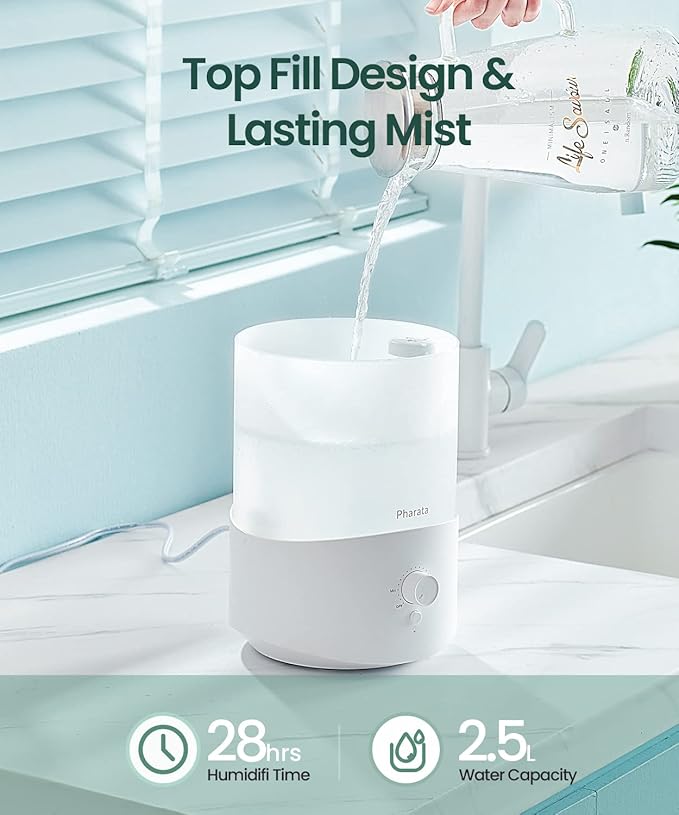 Humidifiers for Bedroom Large Room, 2.5L Cool Mist Humidifier with Essential Oil Diffuser, Top Fill Humidifier for Baby, Home, Plant, Ultrasonic Humidification for whole house, Auto Shut-Off