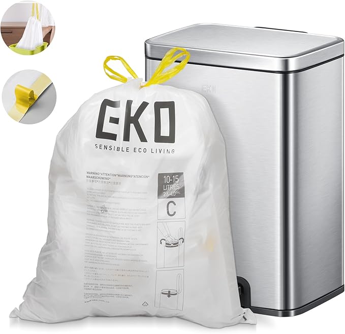 EKO 4 Gallon / 10-15 Liter, 80 Count Small Drawstring Trash Bags, Extra-Strong Unscented Garbage Bags, Easy-Dispense Roll for Kitchen & Household Use, Resists Tears, Leaks and Punctures, Code C, White