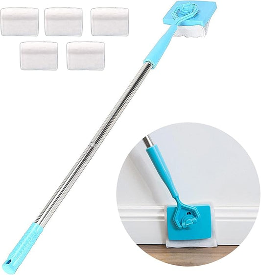 Baseboard Cleaner Tool with Handle [in Stock US], 5 Reusable Cleaning Pads by KnUVSA, Retractable Handle, Used for Bathroom Microfiber Cleaning, Molding Cleaner Tool, 6 Piece Set