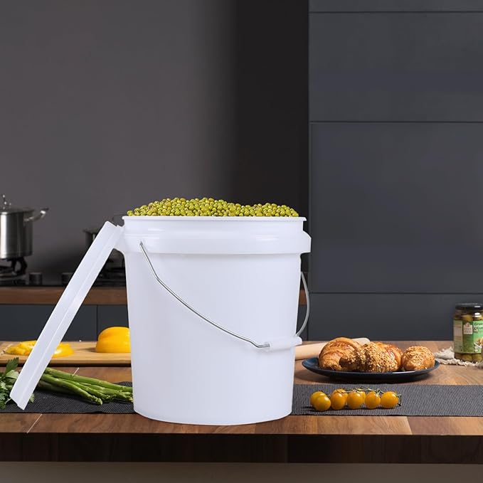 4 Gallon All Purpose Pail with Airtight Lids, Plastic Food Grade White Bucket with Handle, 4 Packs
