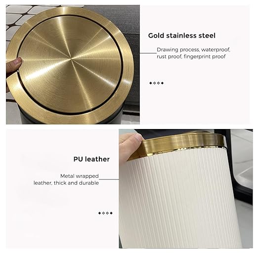 White Gold Bathroom Trash Can,Bedroom Garbage can with lid，Modern Trash Can with Flipping Lid, 4gallon,Garbage cans for Kitchen，Living Room (15L-White)