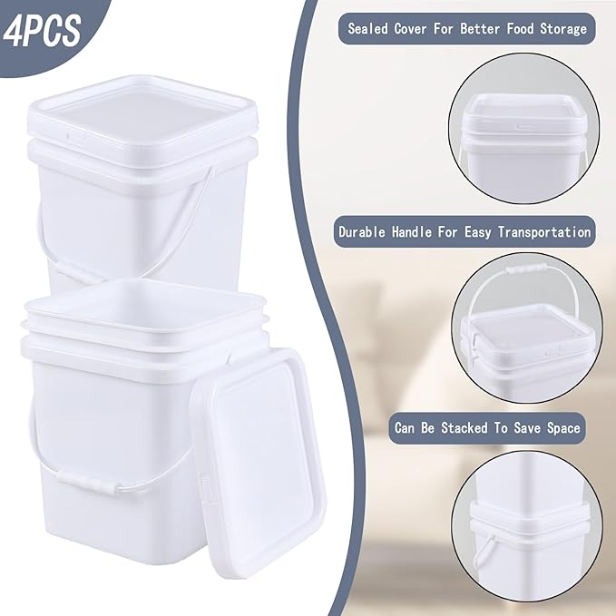 Bringer 4 Pcs 5 Gallon Square Plastic Bucket Pail with Lid, White Utility Square Food Storage Pail