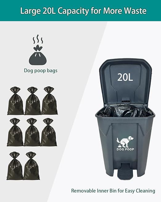 Dog Poop Trash Can Outside with Foldable Pooper Scooper – 20L Outdoor Pet Waste Bin with Foot Pedal Lid & 100 Bags – Waterproof Odor Control Trash Can for Yard, Patio, Garden
