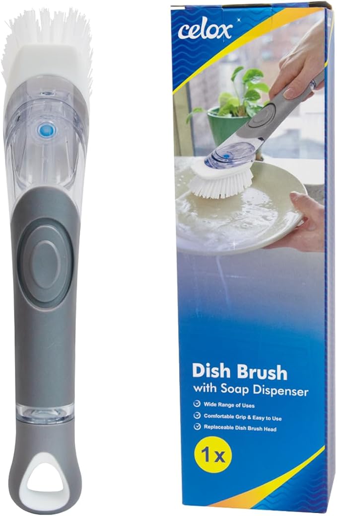 CELOX Dish Brush with Soap Dispenser for Cleaning Pots, Dishes, Bowls, Gray