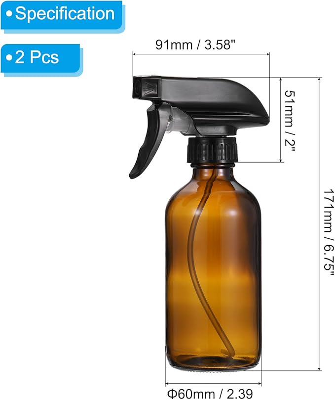 PATIKIL 8oz Brown Glass Spray Bottle, 2pcs Black Nozzle Leak Proof Empty Water Mist Stream Sprayer for Cleaning Solutions Plants Hair