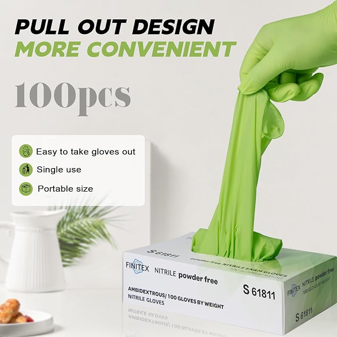 FINITEX Nitrile Disposable Latex-Free Gloves Green - 3.5mil 100PCS Powder-Free Gloves Cleaning Medical Exam Food Gloves