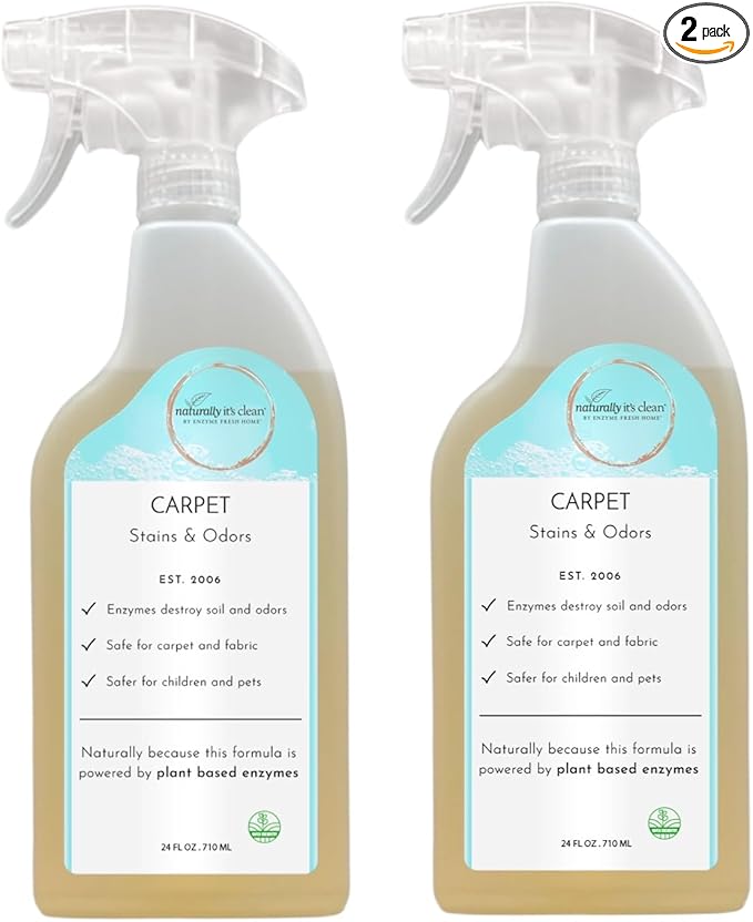 naturally it's clean Carpet Stains & Odors Cleaner; Plant Based Enzyme Safely Cleans Pet/Food Stains, Grease & Ink from Carpets, Rugs, Upholstery & Drapery, 24oz Spray Bottle x 2 Pack