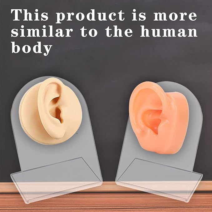 TOUNALKER 1Pcs Soft Silicone Ear Model, Reused Flexible Ear Mold Fake Ear with Acrylic Stand Ears Stud, Simulation Rubber Ear for Piercing Practice Jewelry Display