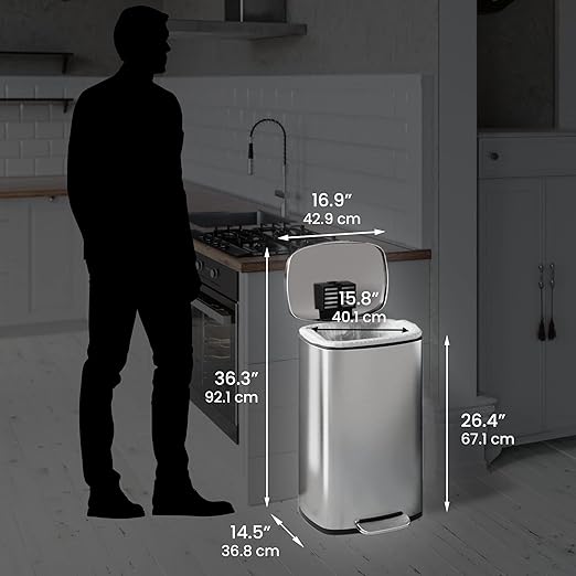iTouchless SoftStep 13 Gallon Kitchen Trash Can with Lid and Odor Filter, Stainless Steel 50 Liter Recycling Bin for Home Office Bedroom Garage Living Room Bathroom Silent Lid Close Slim Wastebasket