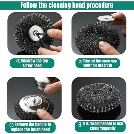 Steel Wool Scrubber with Handle: 7Pcs Stainless Steel Scrubber Brush Set – 2 Brushes, 4 Replaceable Pads, 1 Screwdriver for Home Cooks,BBQ Enthusiasts Anti-Scratch, for Grill, Pot, Stove, DIY Use