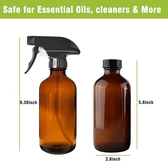16oz Amber Glass Spray Bottles,2-Pack Refillable Empty Spray Bottl for Cleaning, Hair Care, Plants - Adjustable Nozzl