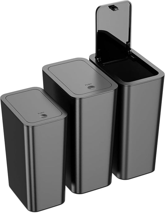 N. NETDOT 3 Pack (2 of 4 Gal & 1 of 2.6 Gal) Small Trash Can with Lid,Bathroom Garbage Can with Pop-Up Lid,Waste Basket for Bathroom,Kitchen,Bedroom,Powder Room,Craft Room,Office,College (Black)