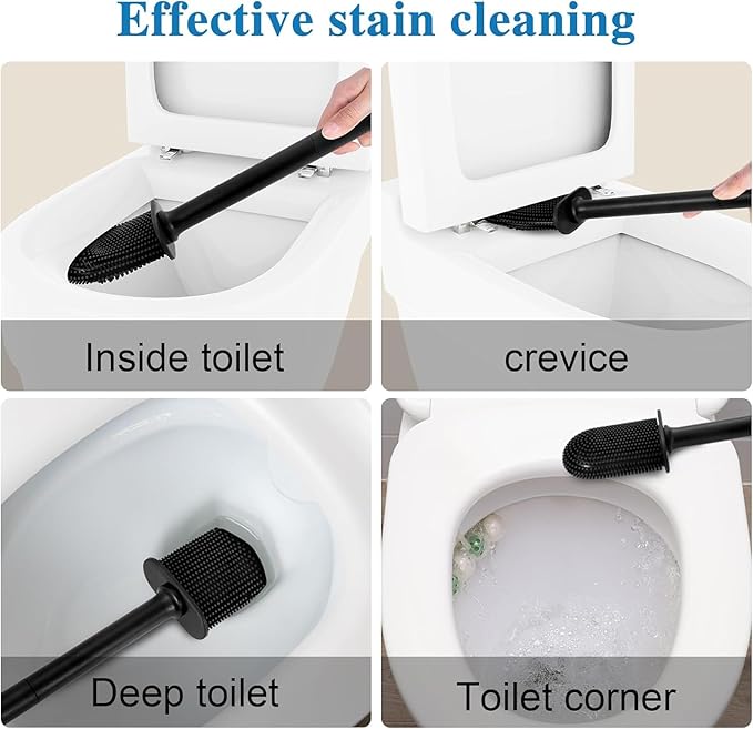 Silicone Toilet Brush and Holder Bendable Efficient Cleaning Wall Mounted Toilet Bowl Brush with Long Handle Brush Head and Silicone Bristles No Rusty Handles Problem (Black)