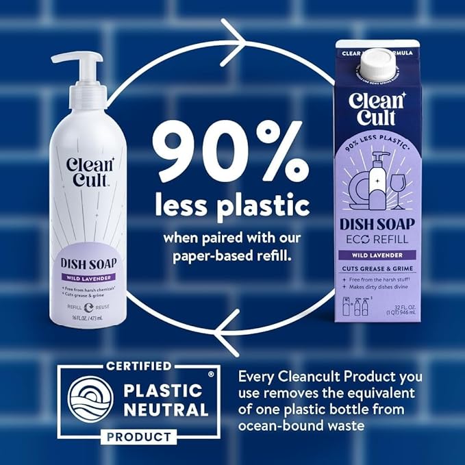 Bundle of Cleancult Dish Soap Liquid Refills (32oz, 1 Pack) Wild Lavender + Cleancult -Wild Lavender - Liquid Dish Soap - Refillable Aluminum Bottle - 16 oz