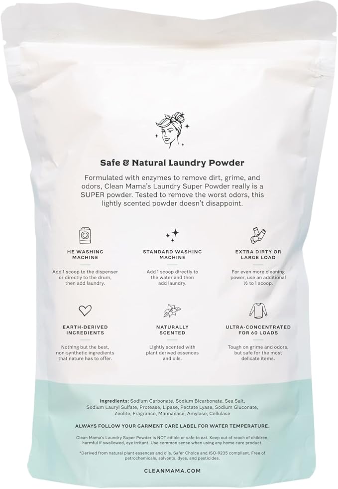 Clean Mama Laundry Super Powder Detergent - Extra Strength Laundry Detergent Powder - Natural Laundry Detergent for Sensitive Skin - Enzyme Powered, Fights Stains & Odors - Sweet Mint, 60 Loads