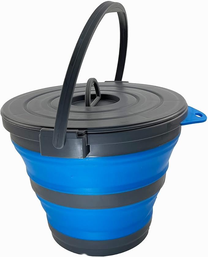 SAMMART 10L (2.64Gallon) Collapsible Fishing Bucket with Locking Lid - Portable Plastic Water Pail - Space Saving Outdoor Waterpot - Trunk Organizer for All Types of Vehicles (Grey/Blue)