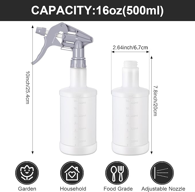 Eccliy 12 Pcs 16 Oz Plastic Spray Bottle, Adjustable Empty Reusable Sprayer for Cleaning, Planting, Water, Bathroom and Kitchen, BBQ, Commercial and Residential(Pure Grey Clear,Measurement)
