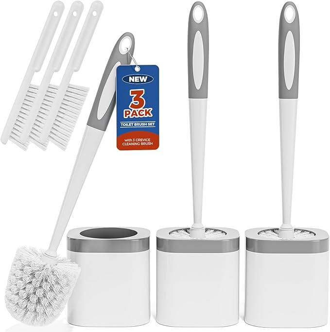 Toilet Brush, 3 Pack Toilet Brush and Holder Set Bathroom Accessories, Toilet Bowl Brush and Holder with 3 Crevice Brush for Bathroom, Toilet Scrubber Brush (White)