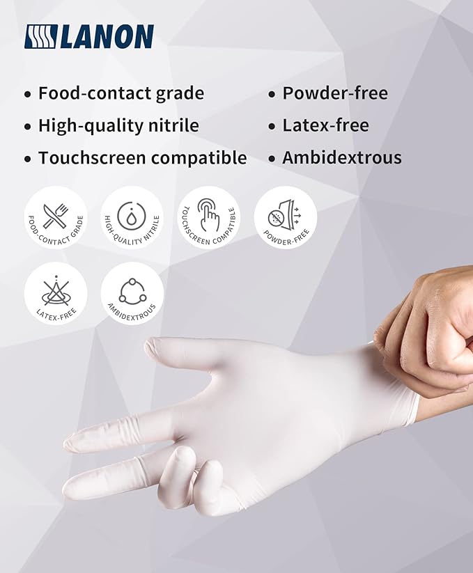 LANON Food Safe White Disposable Nitrile Gloves, Latex-Free, Powder-Free, Textured Fingertips, Cooking, Cleaning, Case, Large