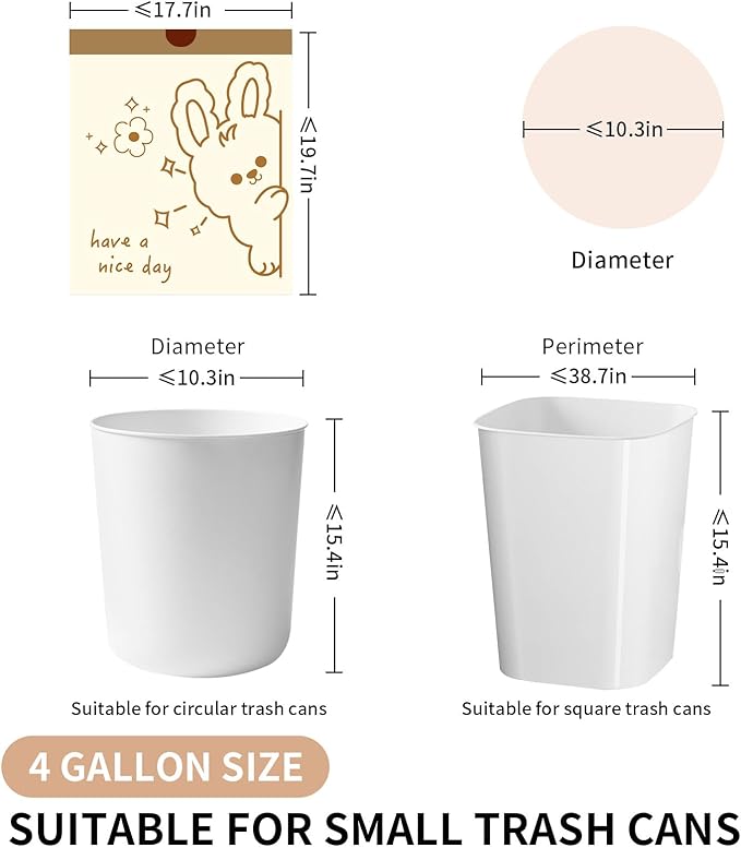 4 Gallon Trash Bags with Cute Rabbit Printed & Drawstring, Tear-Resistant Small Bathroom Garbage Bags, Heavy-Duty Trash Can Liners for Home/Office, 60 Counts