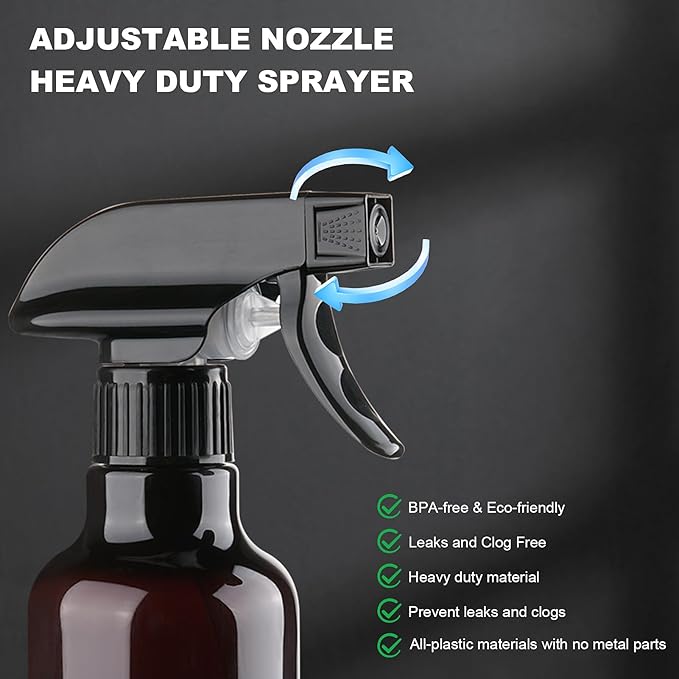 Plastic Spray Bottles 12oz 2 Pack Adjustable Mist/Stream Spraying Heavy Duty Square Water Spray Bottles for Hair, Cleaning Solutions, Plants,Essential Oils (Brown)