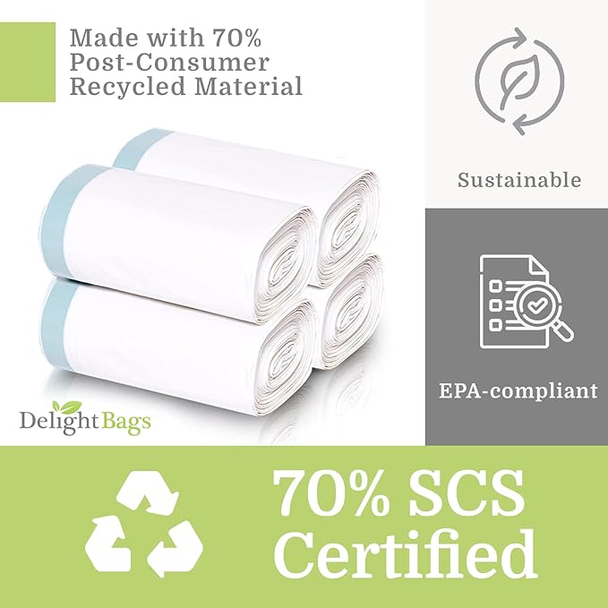 Compatible with Simplehuman Code H 200 Count, Eco-Friendly, White Drawstring Trash Bags Made in the USA with 70% CERTIFIED Post Consumer Material (Code H)
