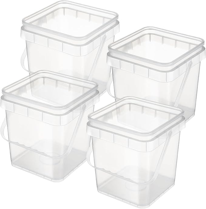4 Pcs Plastic Bucket 5 Quart Square Bucket Utility Small Pail with Handle Sturdy Pail Organizer for House Cleaning Storage Livestock Feeding Car Washing Food Storage, No Lids(Clear)