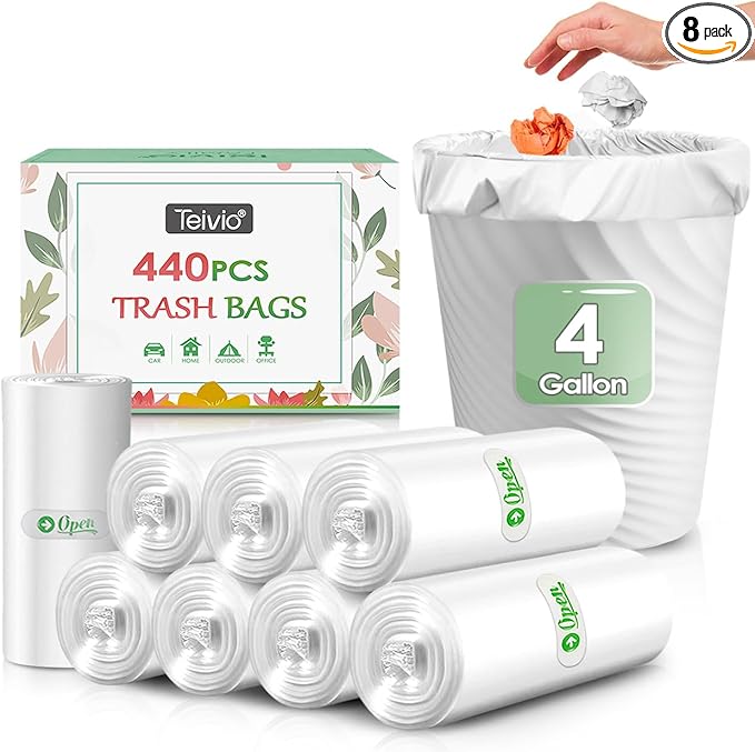 4 Gallon 440 Counts Strong Trash Bags Garbage Bags by Teivio, Bathroom Trash Can Bin Liners, Small Plastic Bags for home office kitchen (Clear)