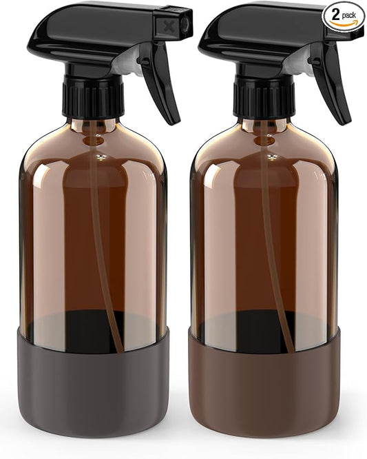 Glass Spray Bottle with Silicone Sleeve Protection, Amber Glass Spray Bottle Set for Window Cleaner Aromatherapy Facial Hydration Watering Flowers Hair Care 2 Pack/16 oz (Brown & Grey, 16 oz)