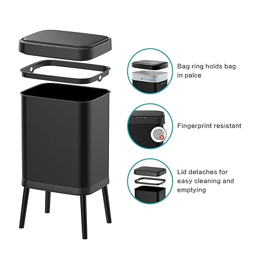 10.5 Gal Stainless Steel Touchless Sensor Trash Can with, Wide Rectangular Design, Brushed Finish – Automatic Lid, Raised Legs (Black)