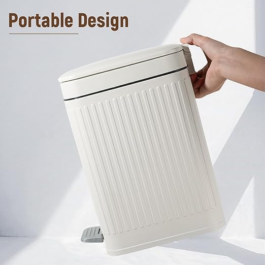 rejomiik Small Bathroom Trash Can with Lid 1.9 Gallon Step Trash Can Slim Garbage Can with Soft-Close Waste Bin for Bathroom, Bedroom, Office, Dorm, RV, Off-White