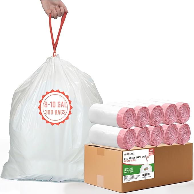 8-10 Gallon Trash Bags Drawstring, 300 Count, White & Unscented Garbage Bags Multi-purpose for Business Home Bathroom Kitchen Commercial and Industrial