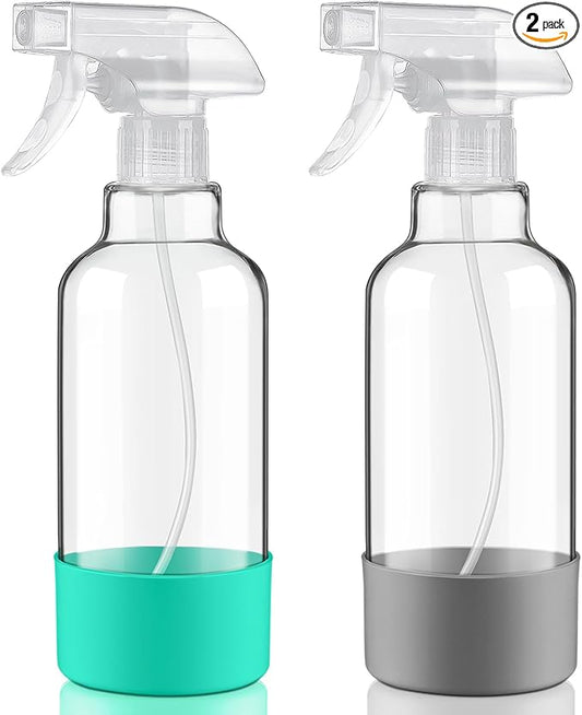 Glass Spray Bottles with Silicone Sleeve 16.9oz 2 Pack Empty Spray Bottle for Hair Mist/Stream Spraying for Cleaning Solutions, Plants, Essential Oils (clear-green&grey)