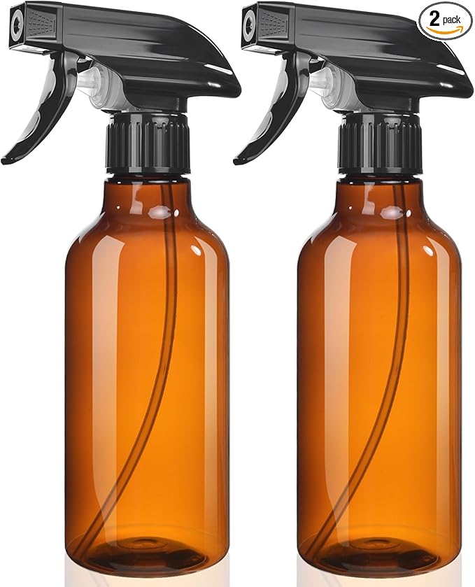 Spray Bottles 2-Pack, 10 Oz, Mist & Stream, Heavy Duty Spraying Empty Water Sprayer Bottle, BPA Free Plastic Refillable Containers for Cleaning Solutions, Plants, Hair, Essential Oils (Amber)