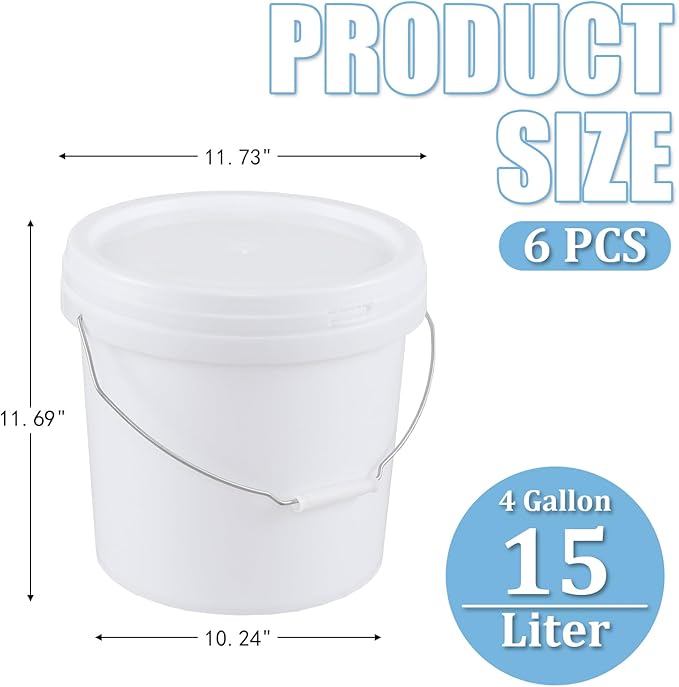 6 Pack 4 Gallon Plastic Storage Buckets Pails with Sealed Lids, Round Food Grade Buckets with Handle, White
