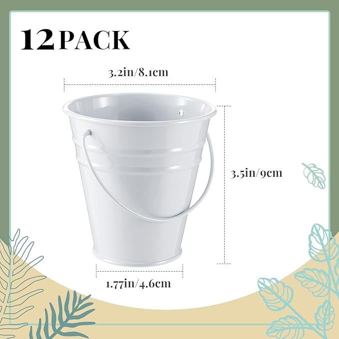 Sadnyy 12 Pcs 3.5in Small Metal Buckets with Handle, Mini Metal Pail Tin Galvanized Pail Container for Trick or Treat Flower Plant Craft Halloween Party Favors Garden Home Decoration (White)