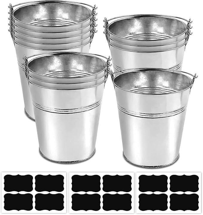 Set of 12 Pcs Galvanized Metal Buckets with Chalkboard Stickers,5 Inch Tin Buckets, Small Galvanized Pail for Backyard Decoration,Garden Planters