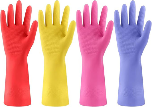 Rubber Kitchen Dishwashing Gloves - 4 Pairs Colorful Reusable Cleaning Gloves for Kitchen Washing Dishes and Household Cleaning (Medium, Blue+Pink+Yellow+Red)