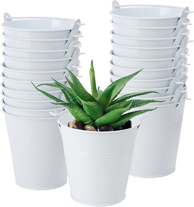22 Pack 4 Inch White Mini Metal Bucket, Elegant Galvanized Buckets with Handles, Tin Buckets, Small Iron Bucket, Mini Metal Pail for Party Favors, Crafts, Garden & Beach