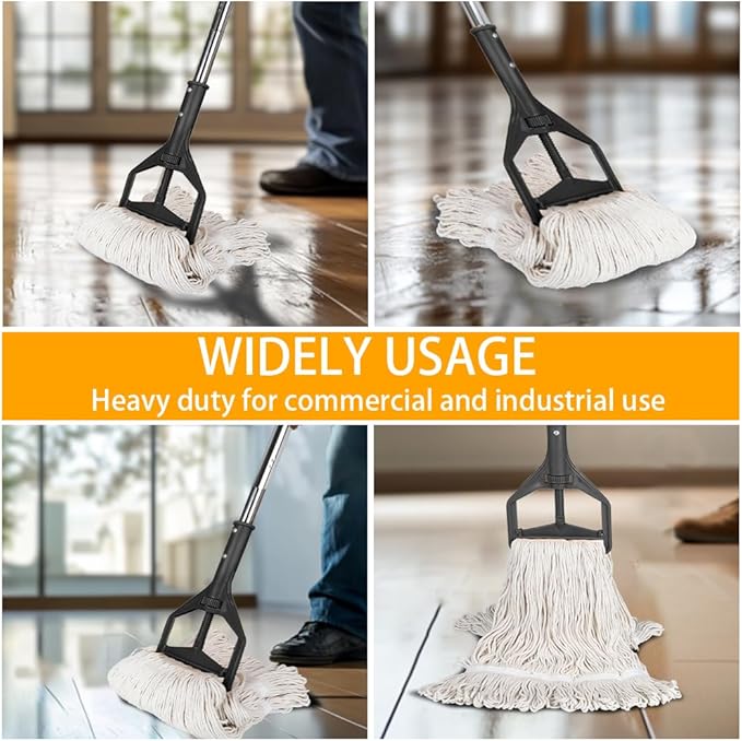 Wet String Mop for Floor Cleaning, Heavy Duty Mop with 2 Reusable Heads, Long Handle Industrial Cotton Mop for Restaurant Home Garage Office Patio Warehouse (Black)