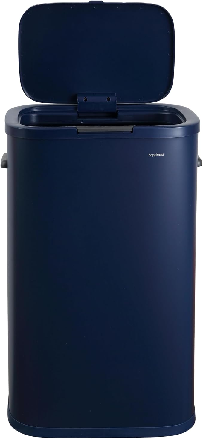 happimess HPM1017J Tammi Kitchen 14.5-Gallon Slim Metal Push Button Trash Can for Home, Kitchen, Laundry Room, Office, Bedroom, Bathroom, Denim Blue