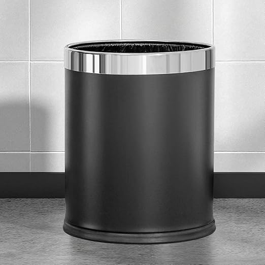 Open Top Hotel Trash Can, Office Metal Black Waste Basket,Round Garbage Can for Hotel,Restaurant,Office