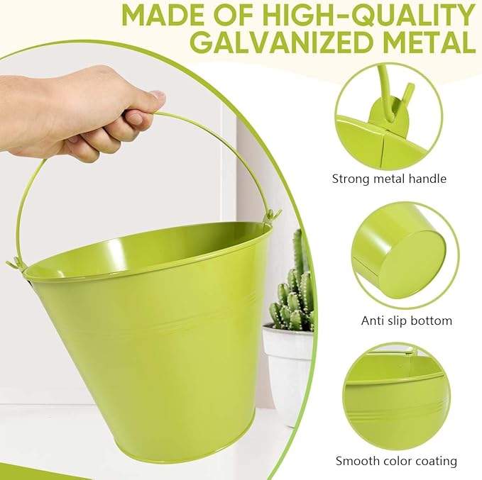 OBTANIM 7 Pack Green Metal Buckets with Handle Galvanized Ice Pails for Plants, Succulents, Party Favors Organizing, Rustic Home Decor or Classrooms Pencil Storage (9.1 x 6.7 inch)