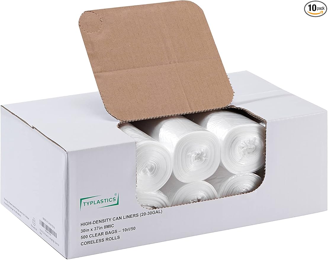 TYPLASTICS 20-30 Gallon Clear Trash Can Liners - 30" x 37" - High Density Garbage Bags - Case of 500 - Multipurpose for Office, Outdoor, Recycling, Industrial and Commercial