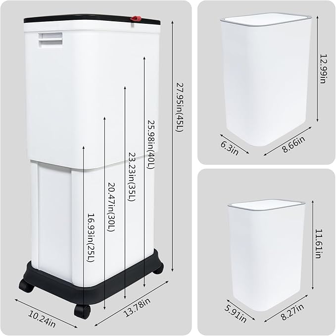 Gintan 13 Gallon Trash Can with Lid, 25-45 L Altitude Variable Bin, Garbage Can with Wheels for Kitchen, Bathroom, Bedroom, Office, Two Space-Saving Small Waste Bin and Garbage Bag