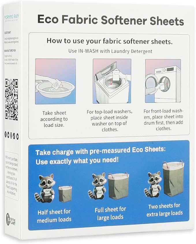 MorningRain Eco Fabric Softener Sheets for Washing Machine - Fragrance-Free, Preservative-Free, Ultra-Concentrated - 30 Sheets for Up to 60 Loads, Anti-Static, Reduces Wrinkles, Softens Clothes