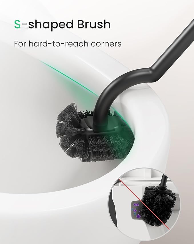 Cesun Toilet Brush and Holder Set - Curved Design Toilet Brush for Deep Cleaning Under Rim, 304 Stainless Steel Toilet Bowl Brush and Holder for Bathroom, Rv, Silver(2 Replaceable Brush Head Included)