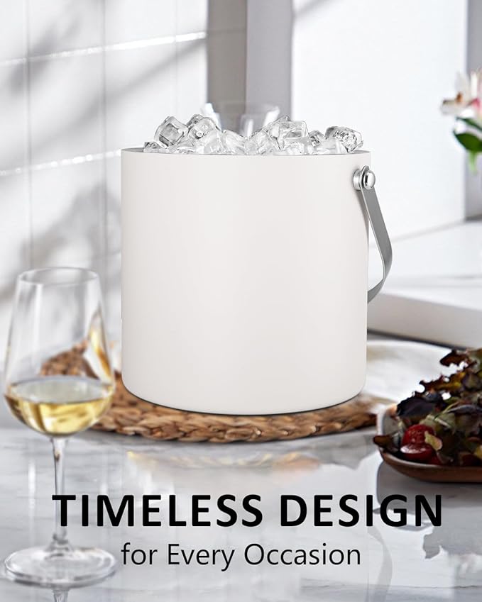 Insulated Ice Bucket with Silicone Lid, Scoop, Tongs & Strainer, 3L Stainless Steel Double Wall Ice Buckets for Parties & Cocktail Bar, Champagne Ice Bucket with Lid for Freezer, Ivory